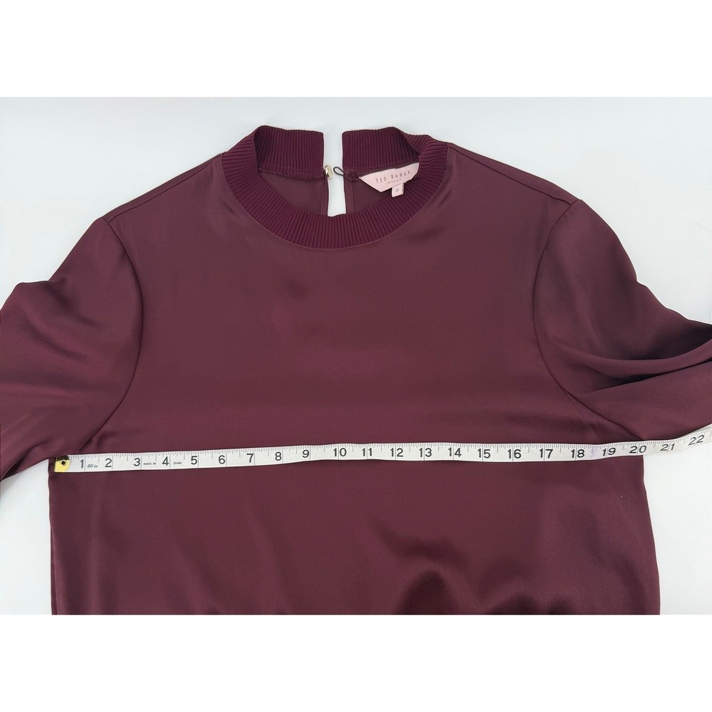 Ted Baker Wyonia Burgundy Mock Neck Ribbed Knit Trim Blouse Womens Size 3 Office - Picture 7 of 8